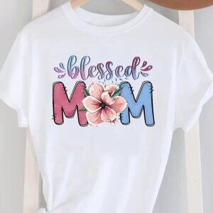 Blessed Mom Pink flower Printed Round Neck Short-Sleeved T-Shirt Size L